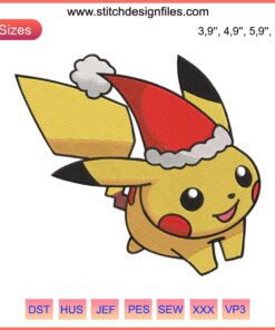 Pikachu dressed as Santa running, cute embroidery, Pokemon Christmas design, festive holiday decoration, kawaii style.