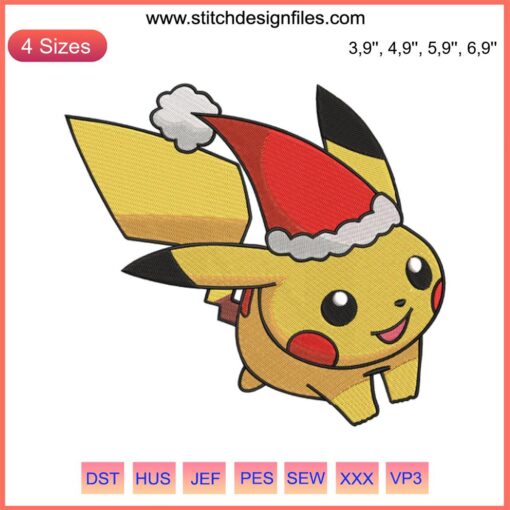 Pikachu dressed as Santa running, cute embroidery, Pokemon Christmas design, festive holiday decoration, kawaii style.