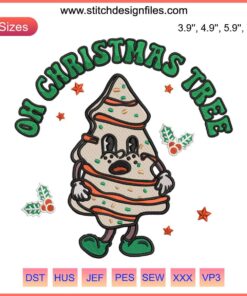 Groovy Oh Christmas Tree Cake Embroidery: Bright, whimsical Christmas cake design with funky text, perfect for holiday machine embroidery.
