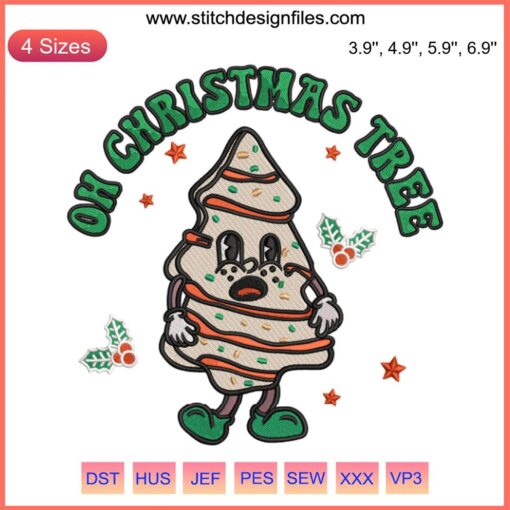 Groovy Oh Christmas Tree Cake Embroidery: Bright, whimsical Christmas cake design with funky text, perfect for holiday machine embroidery.
