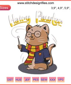 Cute Magic Cat Embroidery Design | Harry Potter Themed Hairy Pawter File for DIY Projects | Adorable Wizard Cat Pattern