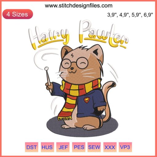 Cute Magic Cat Embroidery Design | Harry Potter Themed Hairy Pawter File for DIY Projects | Adorable Wizard Cat Pattern