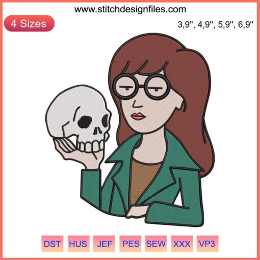 Daria Skull Holder Embroidery Design for Sick Sad World, featuring intricate machine embroidery of Daria's iconic skull motif.