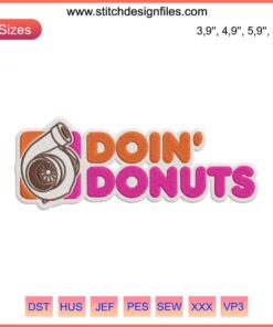 Donut car design: Doin' Donuts embroidery, funny racing-themed embroidery pattern, whimsical donut car art.