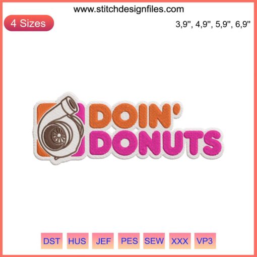 Donut car design: Doin' Donuts embroidery, funny racing-themed embroidery pattern, whimsical donut car art.