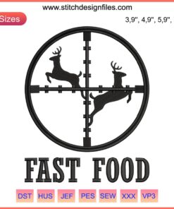 Fast Food Deer Embroidery Design: Humorous Hunting Gift, Unique Machine Embroidery Pattern for Hunters, Whimsical Embroidered Deer