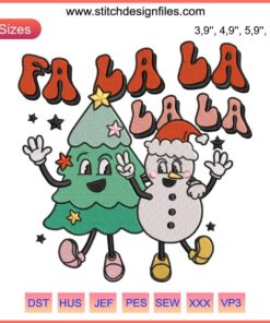 Retro Groovy Snowman Embroidery: Fa La La Christmas Tree Design with Vintage Holiday Flair