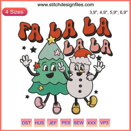 Retro Groovy Snowman Embroidery: Fa La La Christmas Tree Design with Vintage Holiday Flair
