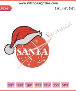 Santa riding reindeer sleigh embroidery design, NASA Space Christmas 2022, machine embroidery file, festive space-themed pattern.