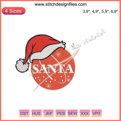 Santa riding reindeer sleigh embroidery design, NASA Space Christmas 2022, machine embroidery file, festive space-themed pattern.