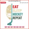 Digital embroidery design, "Eat Sleep Hockey Repeat," perfect for hockey enthusiasts, enhances gear with sporty flair.