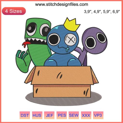 Roblox Rainbow Friends embroidery design featuring animated Blue, Green, and Purple characters from a machine embroidery pattern.