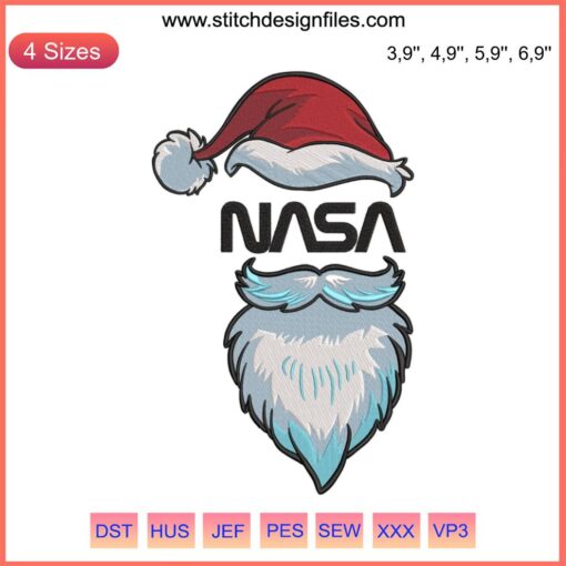Santa Claus NASA Embroidery: Merry Christmas Space Design featuring Santa in a space suit, stars, and festive details.