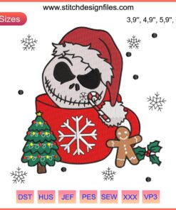 Jack Skellington Christmas embroidery, comedic design featuring Jack Skellington in stacked cups, holiday craft pattern.