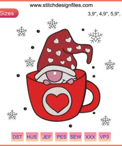 Festive Christmas Elf Gnome Embroidery: Elf Gnome in Colorful Cups with Holly Accents Perfect for Holiday Décor