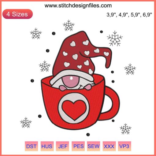 Festive Christmas Elf Gnome Embroidery: Elf Gnome in Colorful Cups with Holly Accents Perfect for Holiday Décor