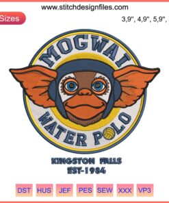 Mogwai Water Polo Team Embroidery: Gizmo Gremlins-themed sports design featuring aquatic motifs and team crest.
