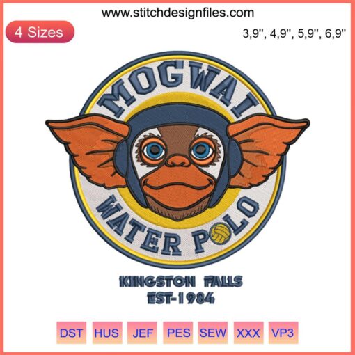 Mogwai Water Polo Team Embroidery: Gizmo Gremlins-themed sports design featuring aquatic motifs and team crest.