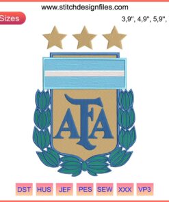 Argentina Football Team Logo Embroidery: Elegant crest with sun, stripes, and AFA initials on blue-white soccer badge.