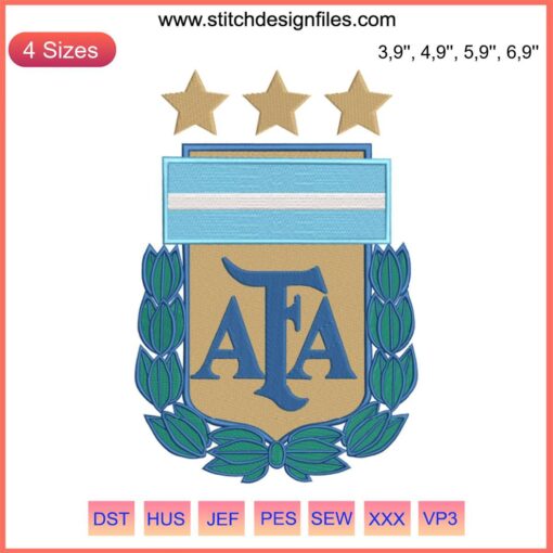 Argentina Football Team Logo Embroidery: Elegant crest with sun, stripes, and AFA initials on blue-white soccer badge.