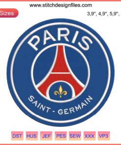 Paris Saint-Germain Logo Embroidery: Detailed Football Sports Logo Design for Machine Embroidery, PSG Team Crest Pattern