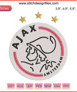 Ajax Logo Football Embroidery featuring AFC Ajax Amsterdam design with club emblem, red and white colors, detailed stitching.