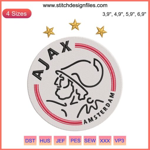 Ajax Logo Football Embroidery featuring AFC Ajax Amsterdam design with club emblem, red and white colors, detailed stitching.