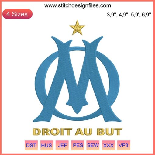 Olympique De Marseille Logo Embroidery Design | Football Sport File | Blue "Droit Au But" insignia with star | Sewing Pattern