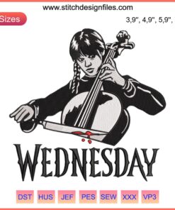 Embroidery design of Jenna Ortega as Wednesday Addams playing cello, 2022 trending movie-themed digital file.