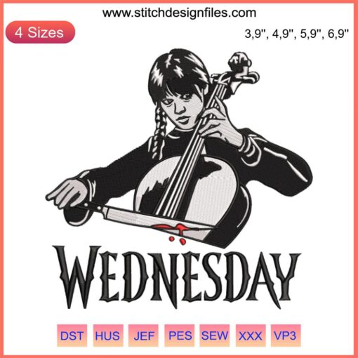 Embroidery design of Jenna Ortega as Wednesday Addams playing cello, 2022 trending movie-themed digital file.