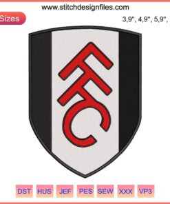 Fulham FC logo embroidery design file, featuring detailed football sport emblem on digital canvas. Perfect for fans and designers.