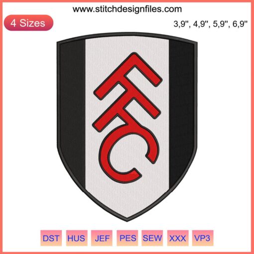 Fulham FC logo embroidery design file, featuring detailed football sport emblem on digital canvas. Perfect for fans and designers.