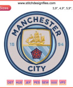 Manchester City logo embroidery design file, perfect for football fans and machine embroidery enthusiasts.
