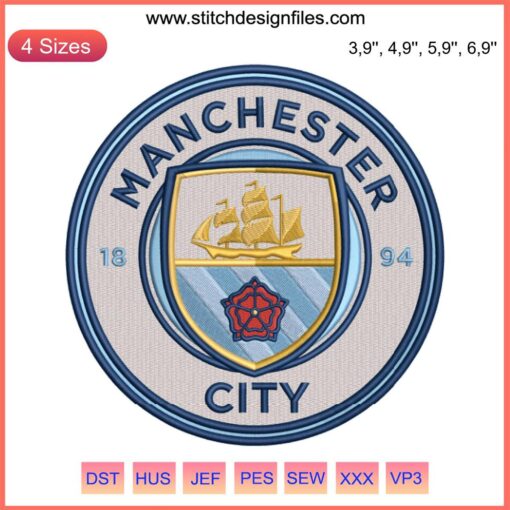 Manchester City logo embroidery design file, perfect for football fans and machine embroidery enthusiasts.