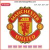 Manchester United logo embroidery, football sport machine embroidery design file, red and gold crest on black fabric background.