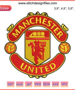 Manchester United logo embroidery, football sport machine embroidery design file, red and gold crest on black fabric background.