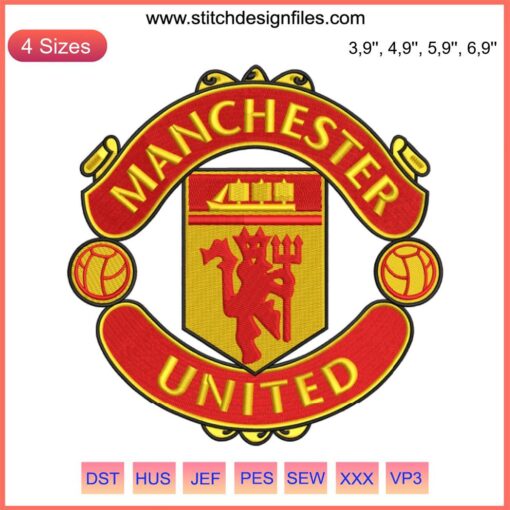 Manchester United logo embroidery, football sport machine embroidery design file, red and gold crest on black fabric background.