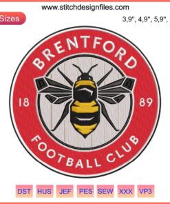 Brentford FC logo embroidery design, football sport machine embroidery, detailed crest pattern with text and bee emblem.
