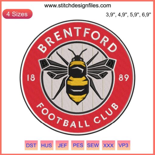 Brentford FC logo embroidery design, football sport machine embroidery, detailed crest pattern with text and bee emblem.