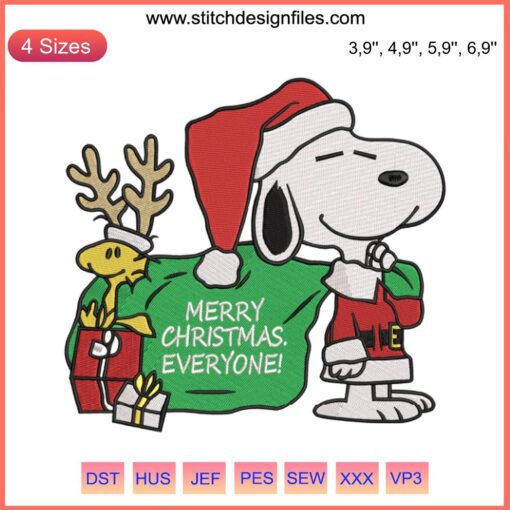 Snoopy and Woodstock Embroidery Design File: Merry Christmas Everyone. Perfect for festive projects. Digital download.