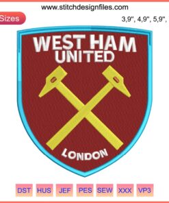 West Ham United FC Logo Embroidery Design: Detailed Football Machine Embroidery, Ideal for Fans and Sports Apparel Decor.