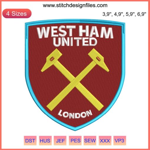 West Ham United FC Logo Embroidery Design: Detailed Football Machine Embroidery, Ideal for Fans and Sports Apparel Decor.