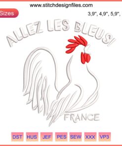 French Rooster Soccer Design: "Allez Les Bleus" Text with Blue, White, Red Embroidery, Celebrating France World Cup Team.