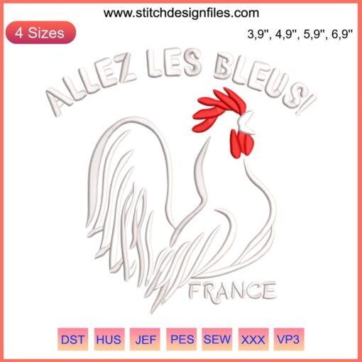 French Rooster Soccer Design: "Allez Les Bleus" Text with Blue, White, Red Embroidery, Celebrating France World Cup Team.