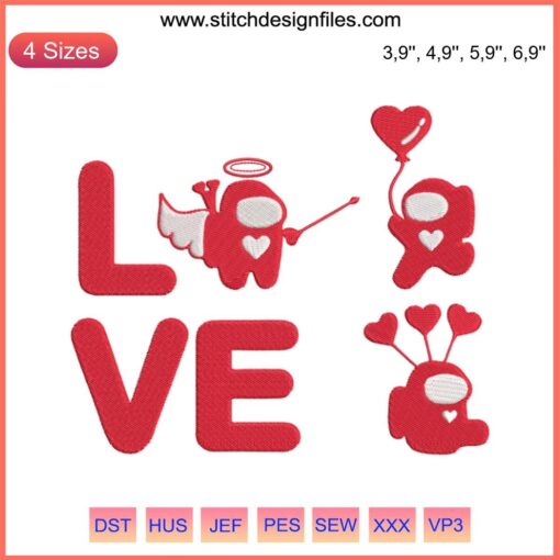 Valentine's Day embroidery design with "Among Us" crewmates holding heart; romantic couple gift file.