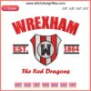 Wrexham Red Dragons 1864 Embroidery Design: Vintage football theme, intricate stitching, classic est. date, vibrant red and green colors.