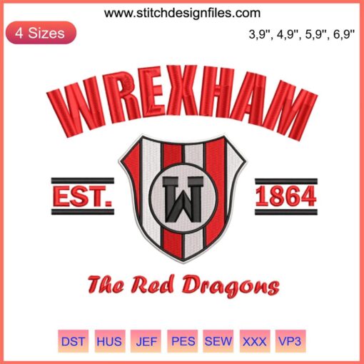 Wrexham Red Dragons 1864 Embroidery Design: Vintage football theme, intricate stitching, classic est. date, vibrant red and green colors.