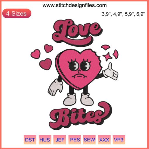 Retro Valentine's Day Embroidery Design: "Love Bites"; Heart Motif, Perfect Couples Gift, Unique Romantic Theme.