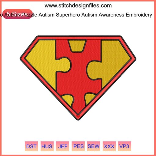 Superman Autism Logo Embroidery Design: Puzzle Superhero Pattern for Autism Awareness, Vibrant Colors, Digital File