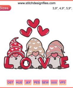 Cute Love Gnome Embroidery Design with Hearts | Valentine's Day Gift | Adorable Gnome in Red Hat Holding Love Sign